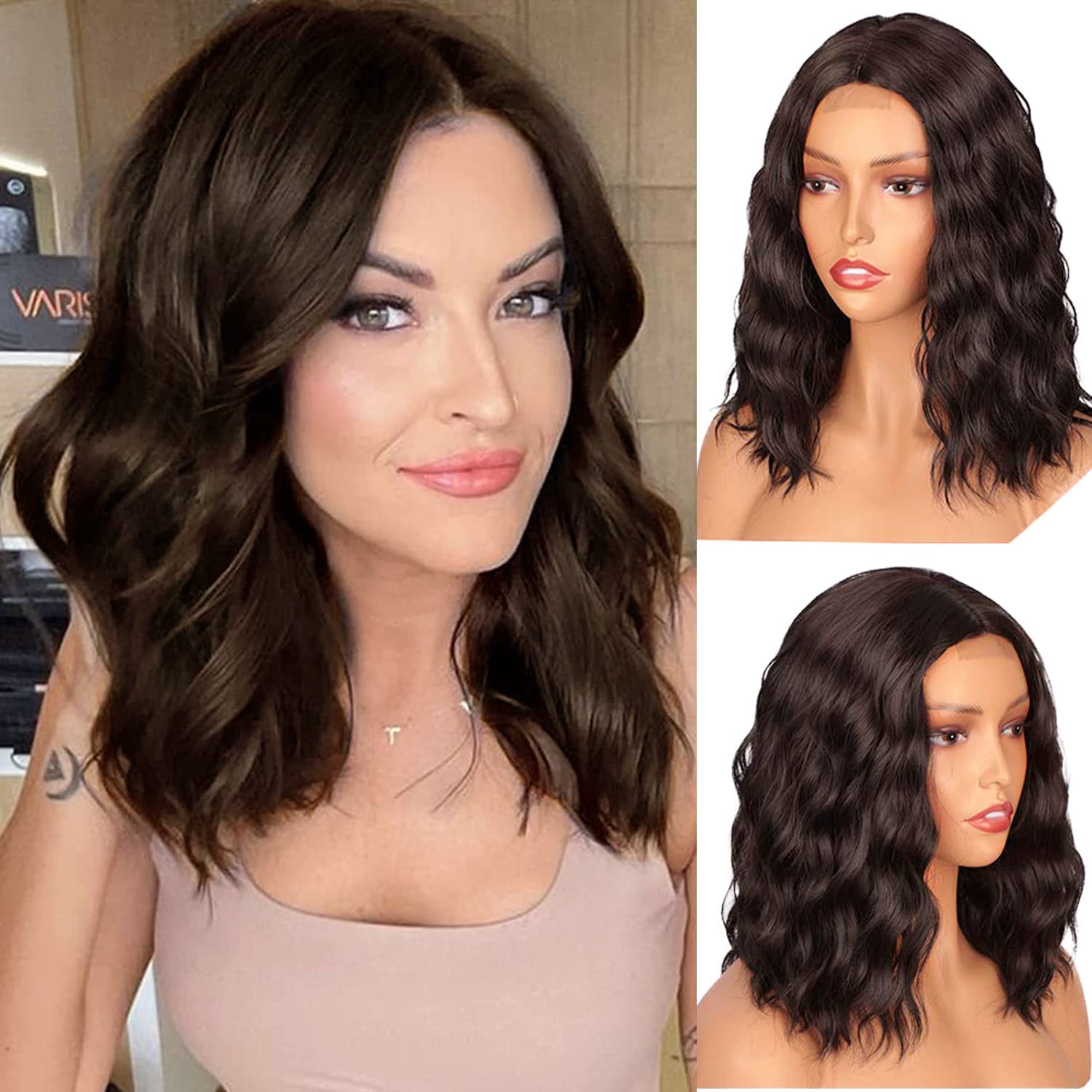 PORSMEER Small Lace Natural Brown Hair Wigs for Women Wavy Synthetic Bob Wig Shoulder Length Middle Parting Wig Natural Looking Wigs for Daily Party Use 14”