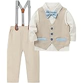 FastRockee Boys' Formal Suit 4-Piece Dress Shirt Vest Suspender Pants Dresswear Set with Bowtie 12M-6Y