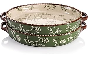 AVLA 2 Pack Ceramic Pie Pan, 9 Inch Round Baking Dish with Double Handle, 28 Ounce Deep Quiche Plate for Kitchen, Cooking, Roasting Lasagna (Sakura, Green)
