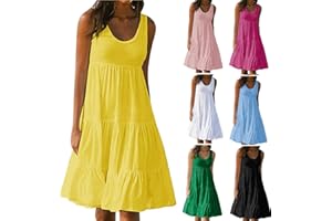 GENERIC 2024 Summer Dresses for Women,Sleeveless Crewneck Casual Midi Dress Flowy Solid Color Spring Dress Knee Length Shift Dress