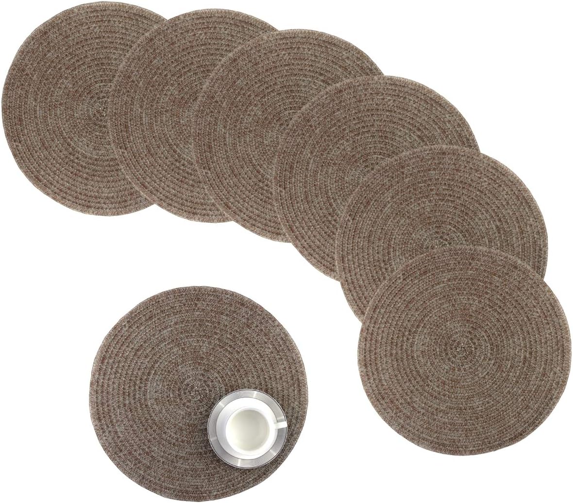 Round Table Placemats for Kitchen Table 15 Inch Plastic Woven Vinyl Wipe Clean Heat Insulation PVC Placemats Set of 6 (Brown)