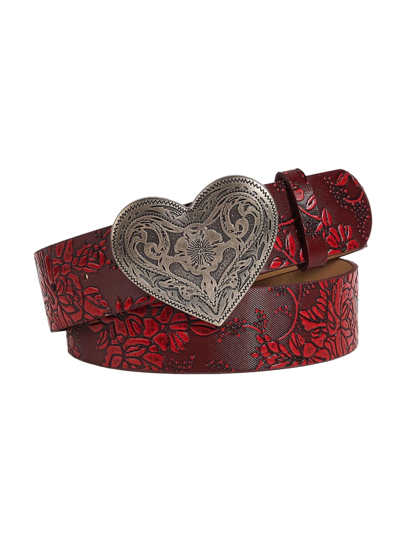 Photo 1 of BEAUDRM Women's Retro Vintage Metal Buckle Belt Faux Leather Western Cowgirl Waist Belts Burgundy Heart Suit Waist Size: 33.5-37.4