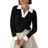 Micoson Womens Fall Long Sleeve Sweaters Lapel V Neck Cable Knitted Pullover Casual Soft Jumper Top