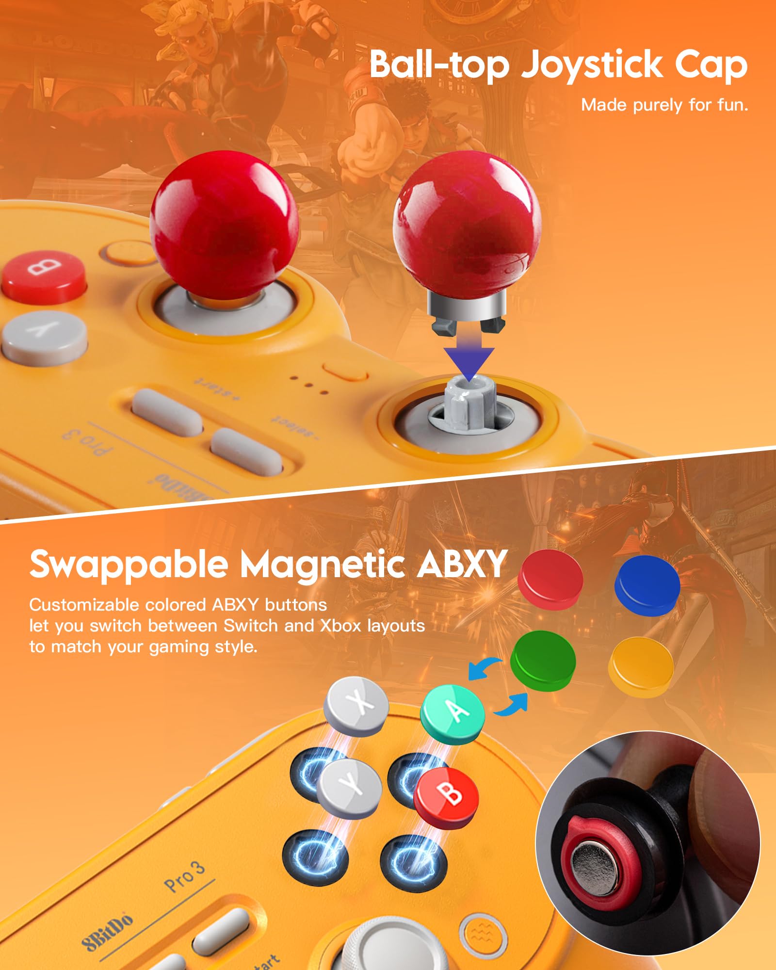 8Bitdo Pro 3 Bluetooth Controller for Switch/Switch 2 - TMR Joysticks, Swappable ABXY Buttons, Pro Back Buttons, Charging Dock, Hall Effect Triggers, Windows/Apple/Android（Yellow）