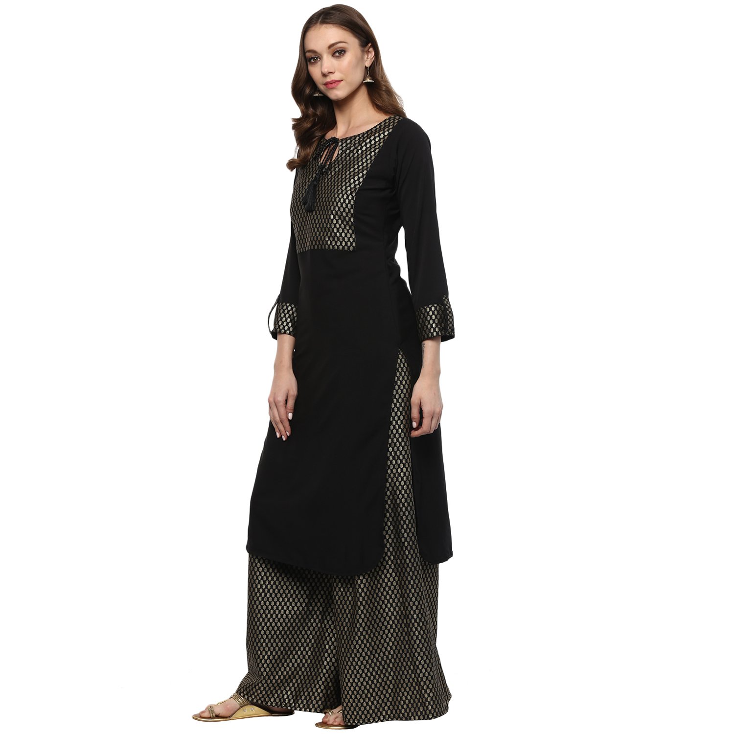 ziyaa women's black colour straight crepe gold foil print kurta & palazzo set