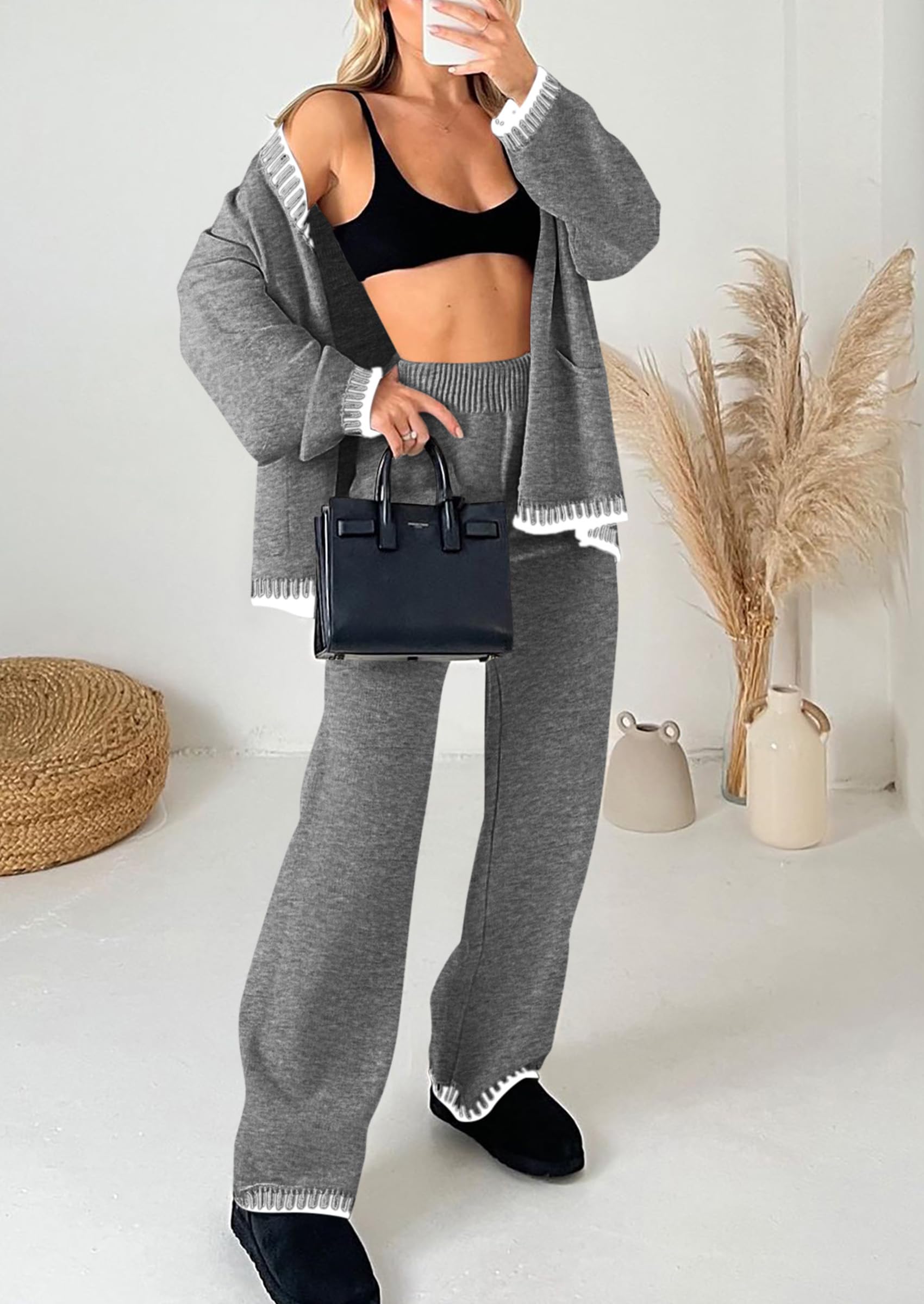 PRETTYGARDEN Women's 2 Piece Outfits Knit Matching Lounge Sets Long Sleeve V Neck Cardigan Sweaters Wide Leg Pants Tracksuits (Grey,Large) - Image 3