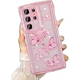 UEEBAI Wave Butterfly Case for Samsung Galaxy S25 Ultra 5G Case, Pretty Bling Star Butterfly for Women Cute Shiny Glitter Phone Cover for Girls Bling Clear Cover Curly Shockproof Girly Shell - Pink
