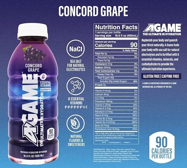 A-GAME SPORTS DRINK, CONCORD GRAPE, THE ULTIMATE HYDRATION SPORTS BEVERAGE FOR ATHLETES, 8 ESSENTIAL VITAMINS INCLUDING B, C, & E PLUS NATURAL SEA SALT ELECTROLYTES, ALL NATURAL FLAVORS & SWEETENERS, GLUTEN FREE, 16 FL OZ (PACK OF 12)