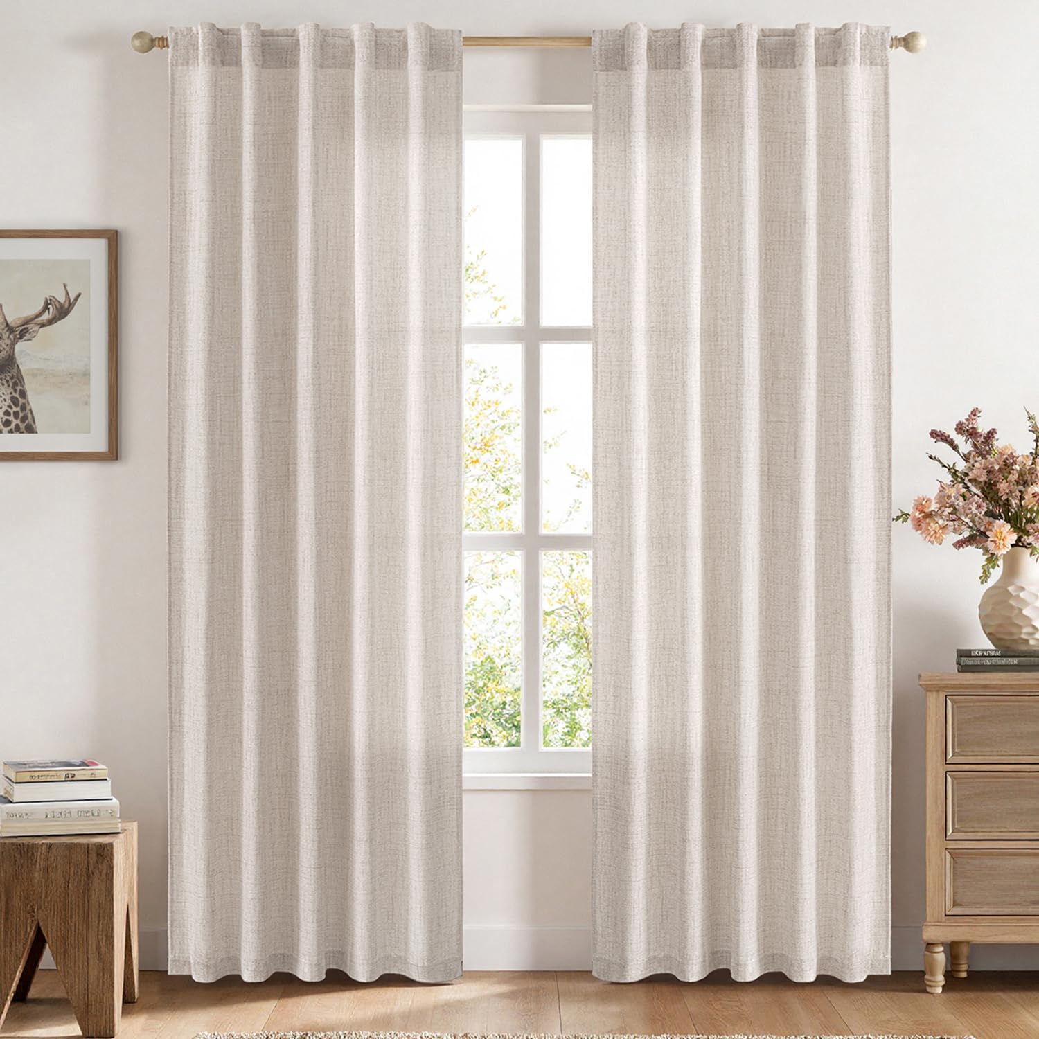 Photo 1 of MIULEE Faux Linen Curtains 84 Inch Length 2 Panels Natural Beige Semi Sheer Curtain with Back Tab Rod Pocket, Light Filtering Window Privacy Burlap Drapes for Living Room Bedroom 42W x 84L
