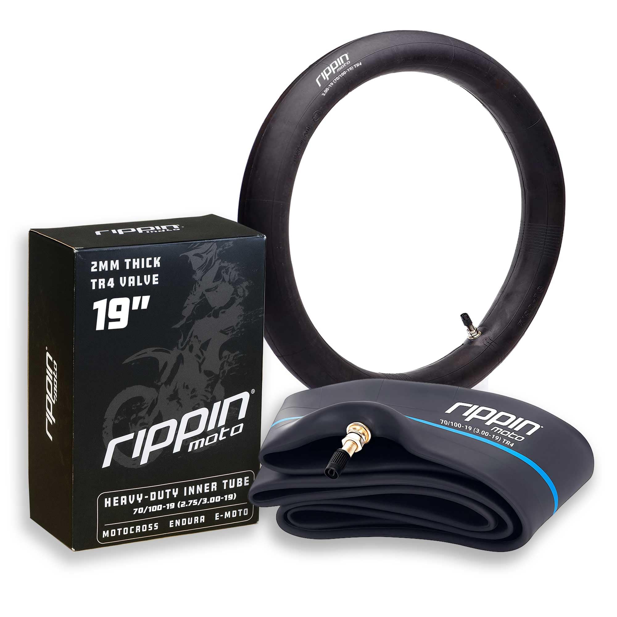 Photo 1 of Rippin Moto 2.75/3.00-19 Heavy Duty Inner Tube (70/100-19) 2.5mm Thick - TR4 Valve - Fits most 3.0-19 Motocross Tires, Surron Light Bee X, Talaria, E-Ride PRO SS, Altis Sigma, Rawrr Mantis