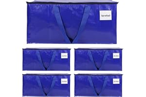 SpralSail Moving Bags, 93L Extra Large Storage Bags with Zippers & Handles, Waterproof Totes for Storage Clothes, Bedding & Blankets, Collapsible Packing Bags with Clear Tag Pocket - 93L, 5 Pack, Blue