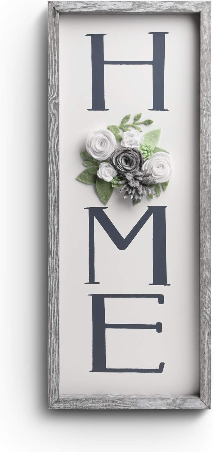 Vertical HOME Sign with Felt Flower - BeSuerte Farmhouse Wood Framed Sign for Home Decor, Gallery Wall Art,Home Plaque Wall Hanging Sign 21.7x8.6, Rustic Grey