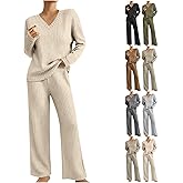 Aymnlox Womens Lounge Sets 2 Piece Pajamas Ribbed Knit Outfits V Neck Long Sleeve Fall Pajama Set Comfy Casual Sweatsuits