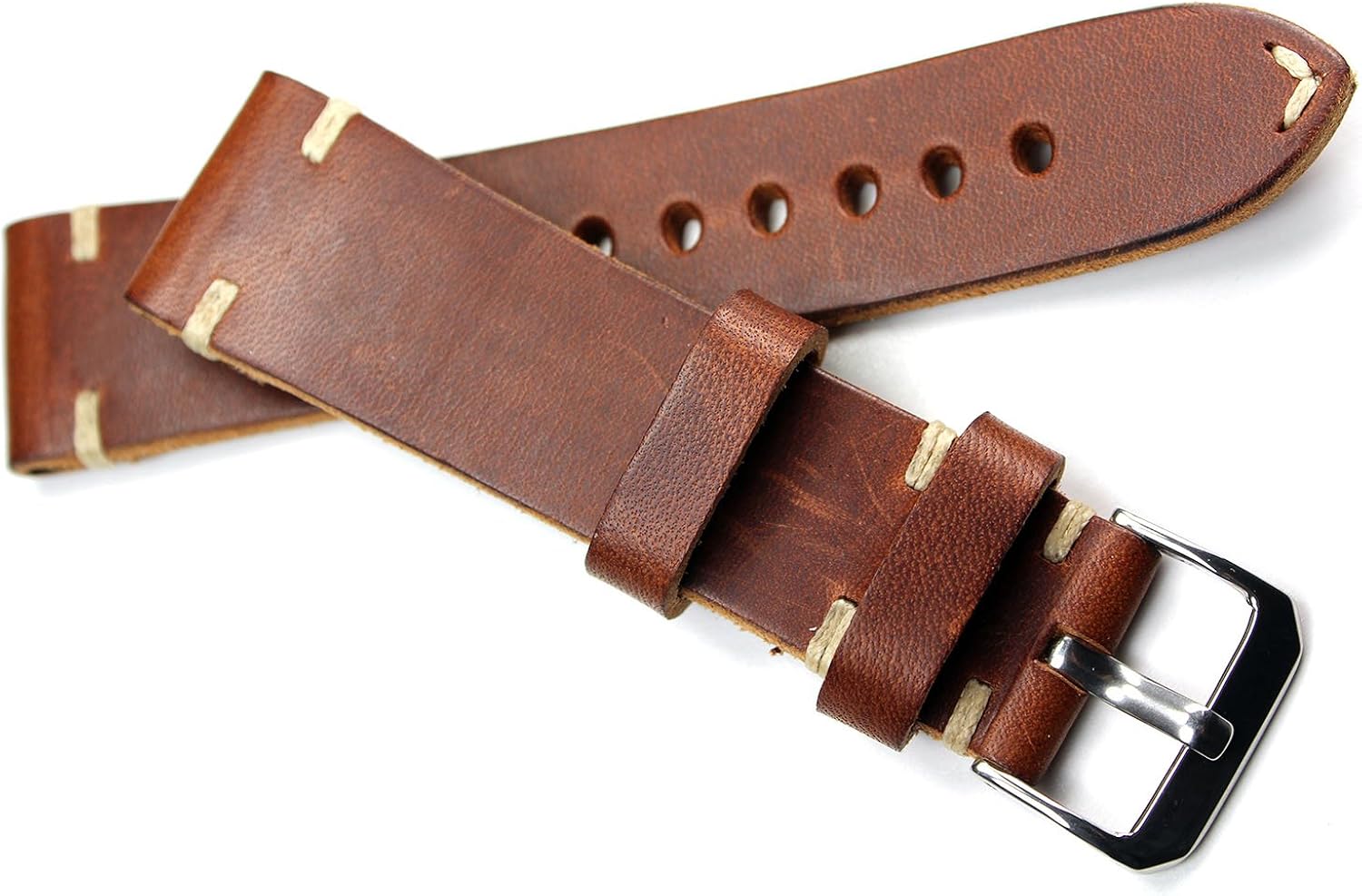 Bracelet en cuir 22 mm Rios fait main couture blanche 22/20 mm bande