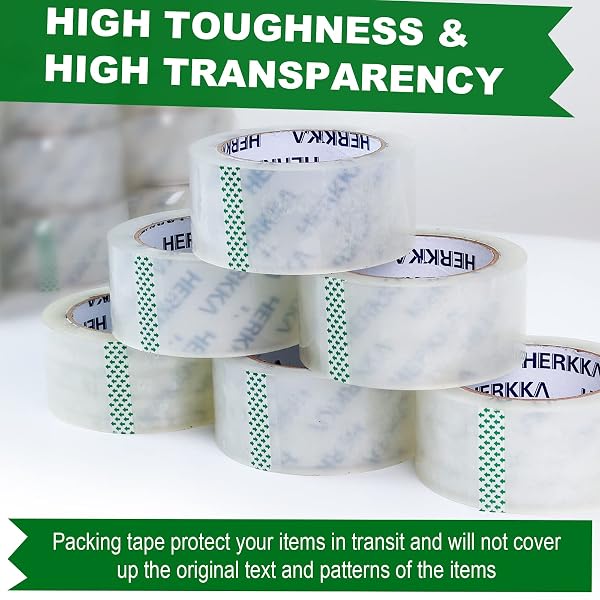 HERKKA CLEAR PACKING TAPE, 36 ROLLS HEAVY DUTY PACKAGING TAPE FOR SHIPPING PACKAGING MOVING SEALING, THICKER CLEAR PACKING TAPE, 1.88 INCHES WIDE, 65 YARDS PER ROLL, 2340 TOTAL YARDS