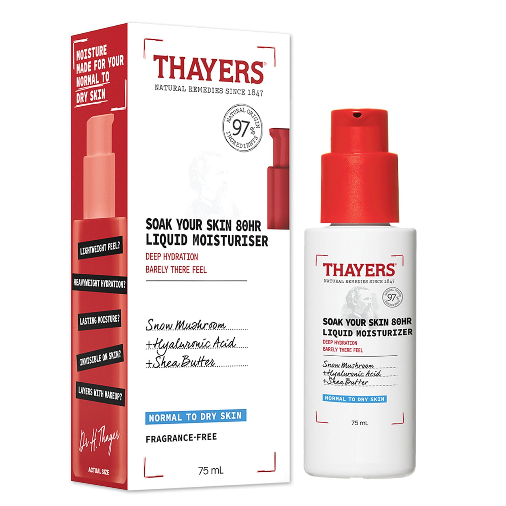 Thayers Soak Your Skin 80HR Liquid Moisturizer - Face Moisturizer with Hyaluronic Acid and Snow Mushroom - Dermatologist Tested Skin Care for Normal to Dry Skin - 75 ml