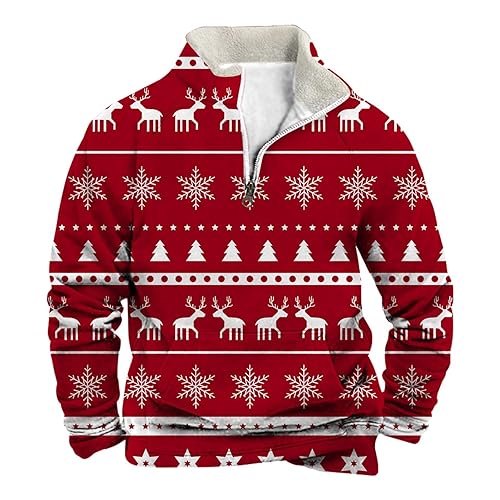 Christmas Jumpers For Men Uk Snowflake Elk Snoeman Print Xmas Sweatshirts Quarter Zipper Henley Collar Fleece Pullover Jumpers Warmth Autumn Winter Soft Men's Sweatshirts For Casual Holiday Red