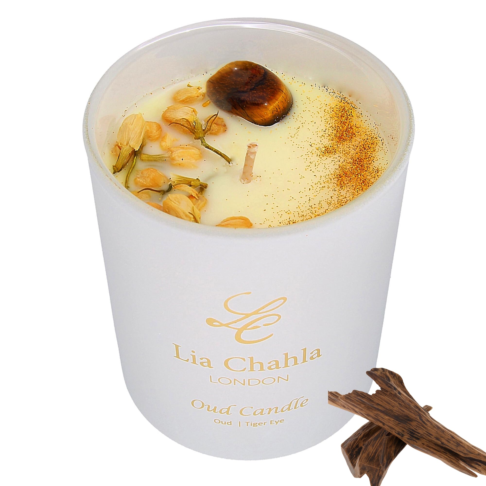 Lia Chahla London Oud & Sandalwood Soy Candle with Tiger Eye Crystal – Natural Aromatherapy Candle – Luxury Scented Home Fragrance – Gift for Men & Women