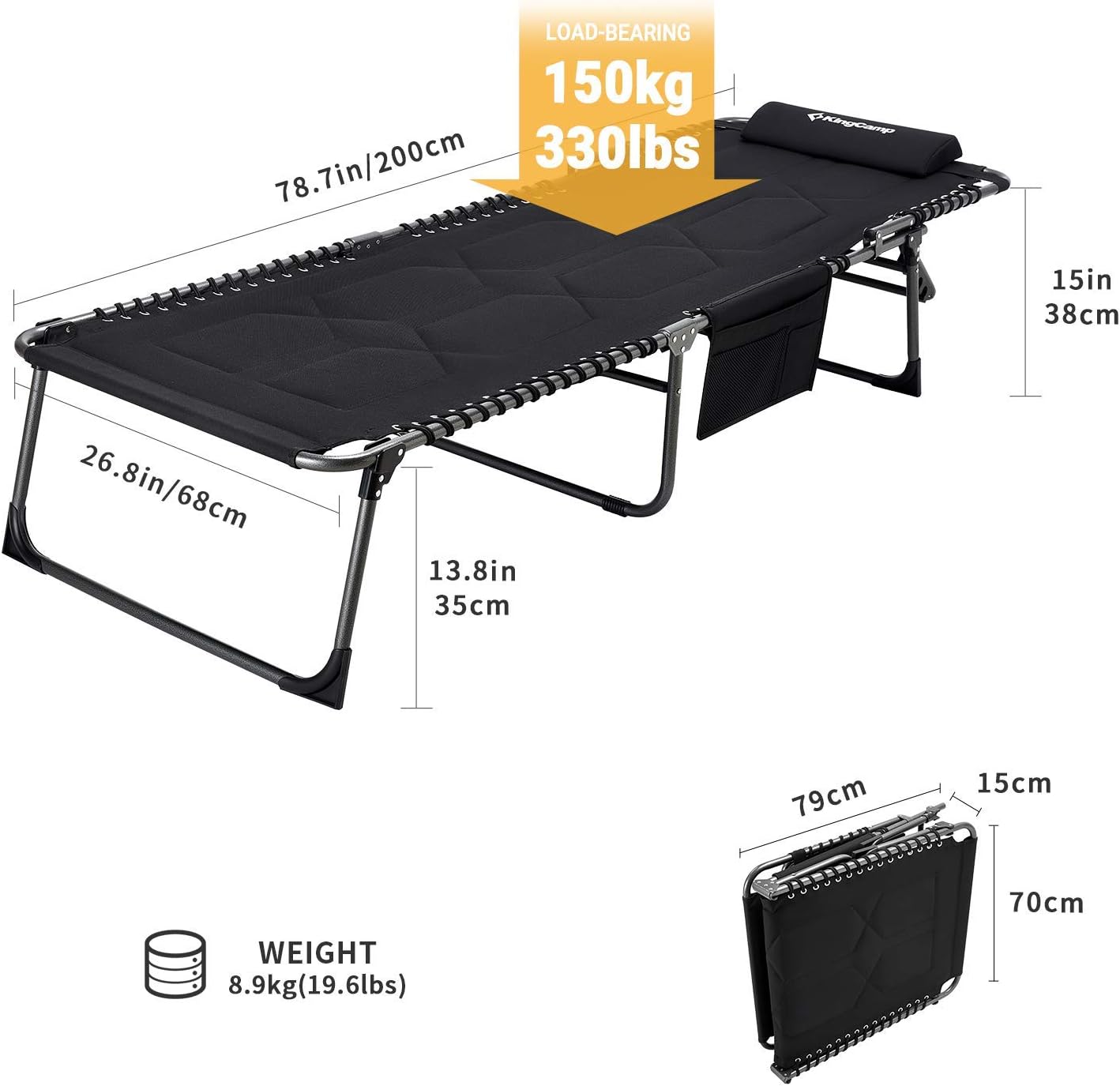 KingCamp 4-Fold Oversize Folding Chaise Lounge Chair for Outdoor, Indoor, Beach, Patio, Lawn, Heavy-Duty Adjustable Camping Recliner with Pillow, Cotton Padded, Side Pocket, Support 330lb : Garden & Outdoor