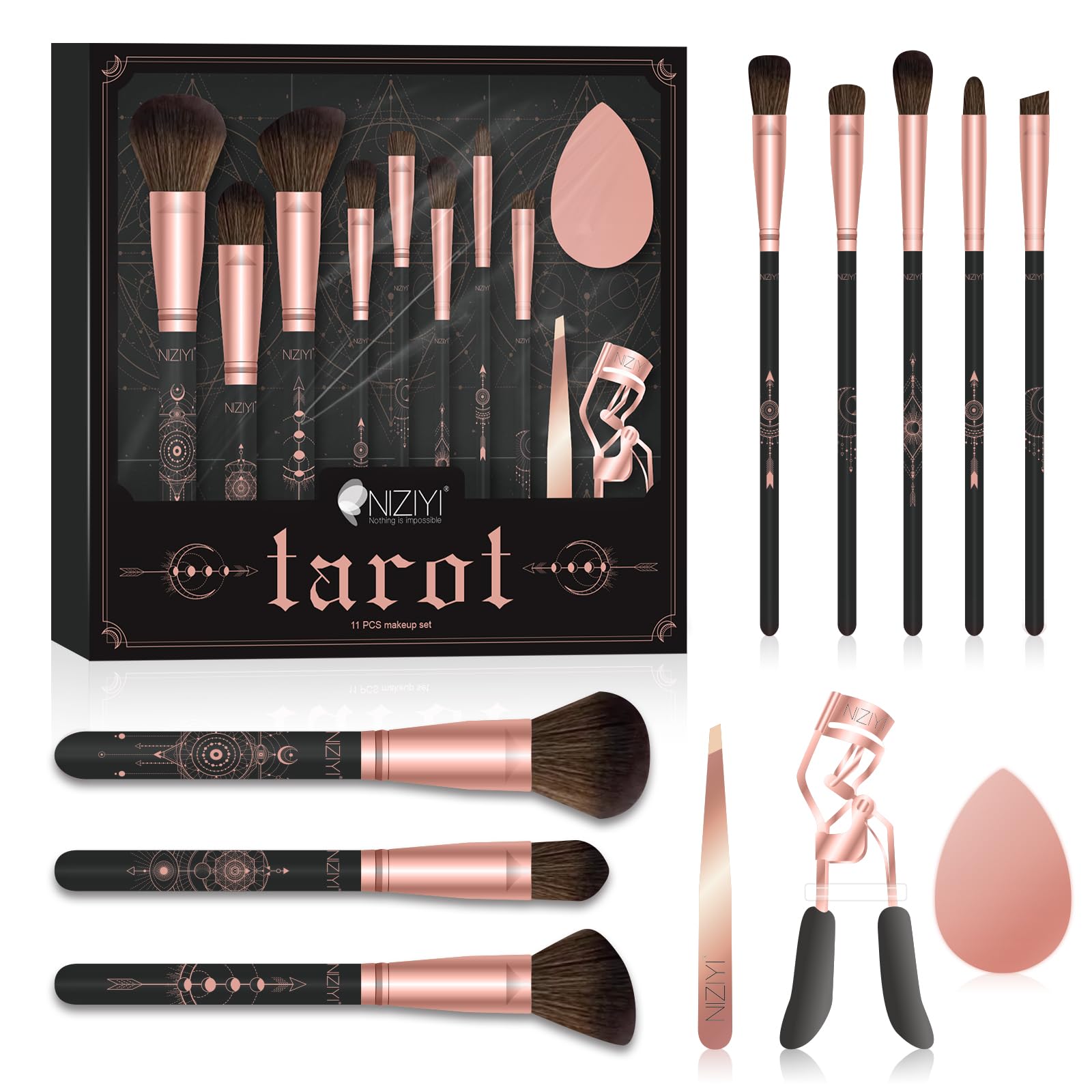 Makeup Brushes, NIZIYI Professional 11 Pcs Makeup Brush Set Premium Synthetic Foundation Highlight Powder Concealers Eyeshadow Blush Brow Sponge Tweezers Eyelash Curler Make Up Gift Kit