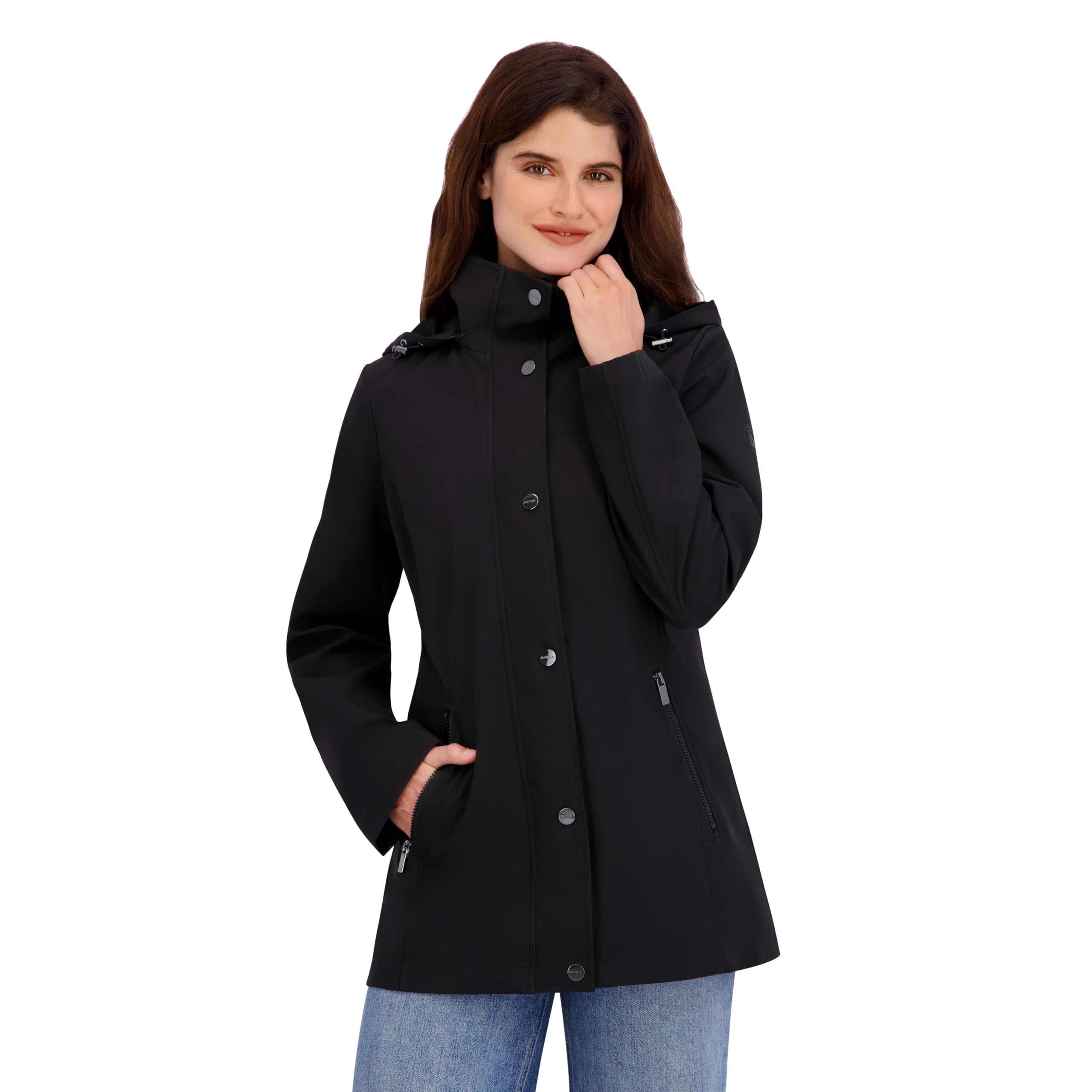 Nautica Women’s Bonded Rain Jacket with Bib Insert – Water-Resistant, Wind-Resistant Transitional Raincoat, Black, Small