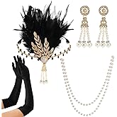 Mezchi 5 Pack 1920s Vintage Flapper Accessories Set, 20s Party Costume Headband for Women, Feather Flapper Headpiece, Pearl Necklace and Earrings, Gloves, Faux Holder