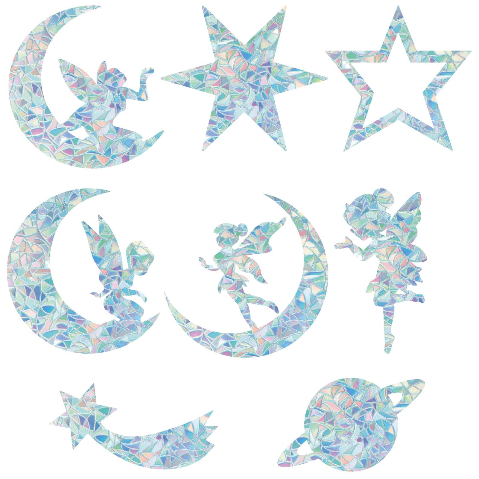 GORGECRAFT 16pcs Fairy Window Clings 8 Styles Star and Moon Window Clings 3D Decorative Window Film Anti-Collision Window Stickers Door Window Static Decals Sun Catcher for Kitchen Bedroom
