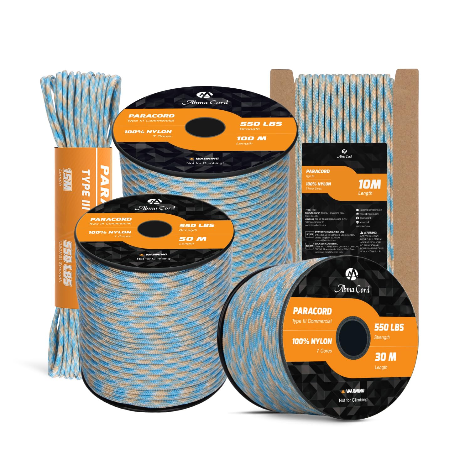 Abma Cord Paracord 550 4mm 30m 100% Nylon Rope Type III 7 Strands Parachute Cord for DIY, Camping, Survival, Outdoor - Max. 250kg - Carolina Beach