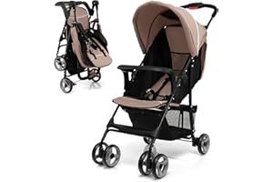 HONEY JOY Travel Stroller, Quick Fold Lightweight Baby Umbrella Stroller for Airplane, Adjustable Canopy & Backrest, Storage Basket, Removable Meal Tray, Compact Stroller Newborn and Toddler(Coffee)