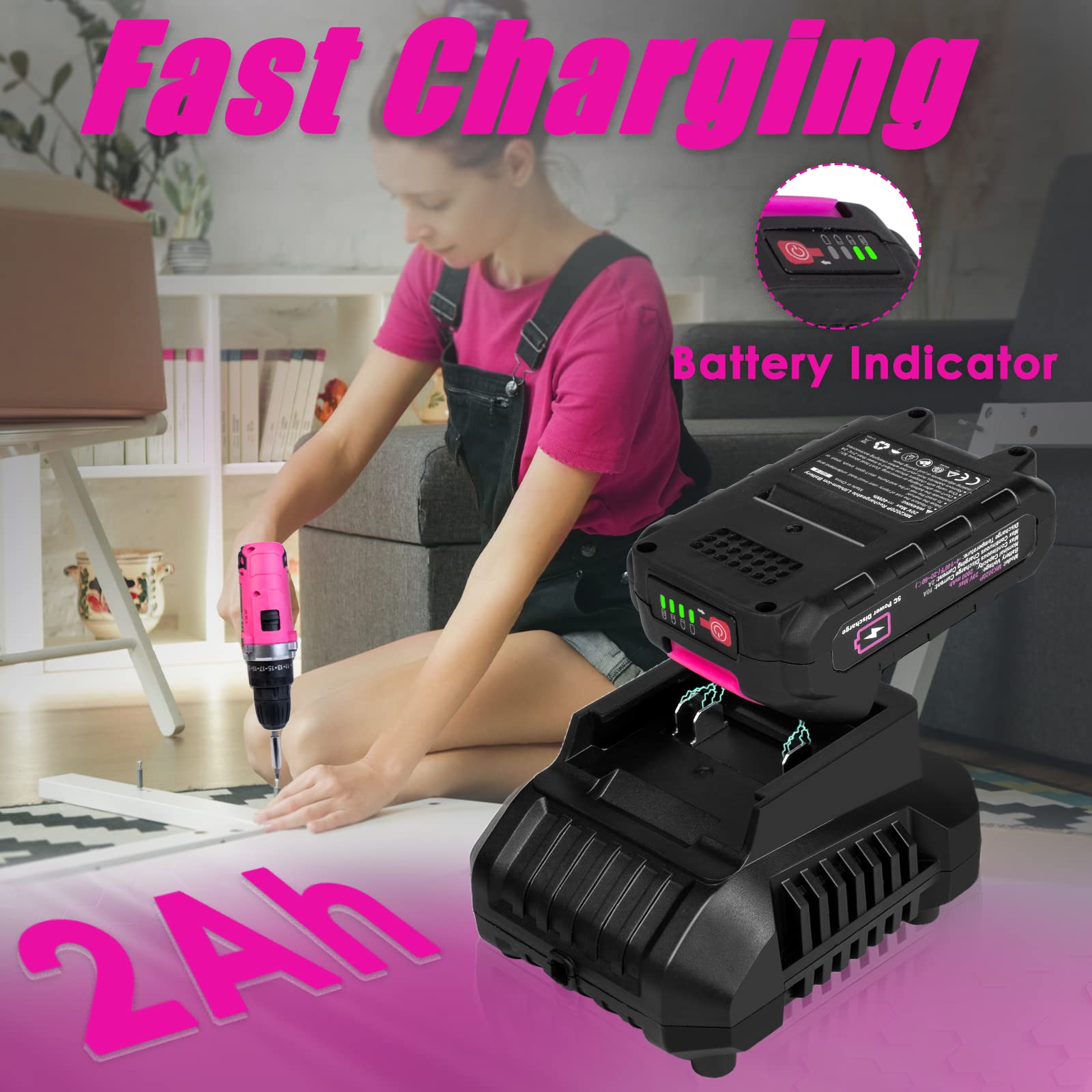 Tool Kit with 20V Cordless Drill(265in-lbs), Pink Drill Set for Women, Lady's Home Tool Kit for DIY, Daily Repair Tool Set as a Creative Gift with a Large-Capacity Tool Storage Bag
