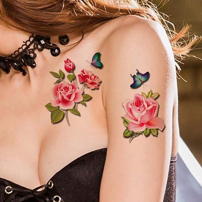 Tafly 3d Temporary Tattoos Pink Flower Rose And Butterfly Design Body Art Water Transfer Tattoo Sticker Look Real For Women 5 Sheets Amazon In Beauty