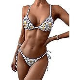 ZAFUL Women's Triangle Bikini Tie Side Whip Stitch String Bikini Two Piece Swimsuit Bathing Suits (2-Floral Blue, Small)