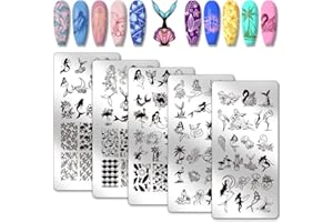 PH PandaHall 5pcs Mermaid Nail Art Templates, 99 Patterns Flamingos Fish Nail Stamping Plate Flower Leaf Nail Art Stencils Stainless Steel Nail Image Plates for Nail Design Print Manicure Salon