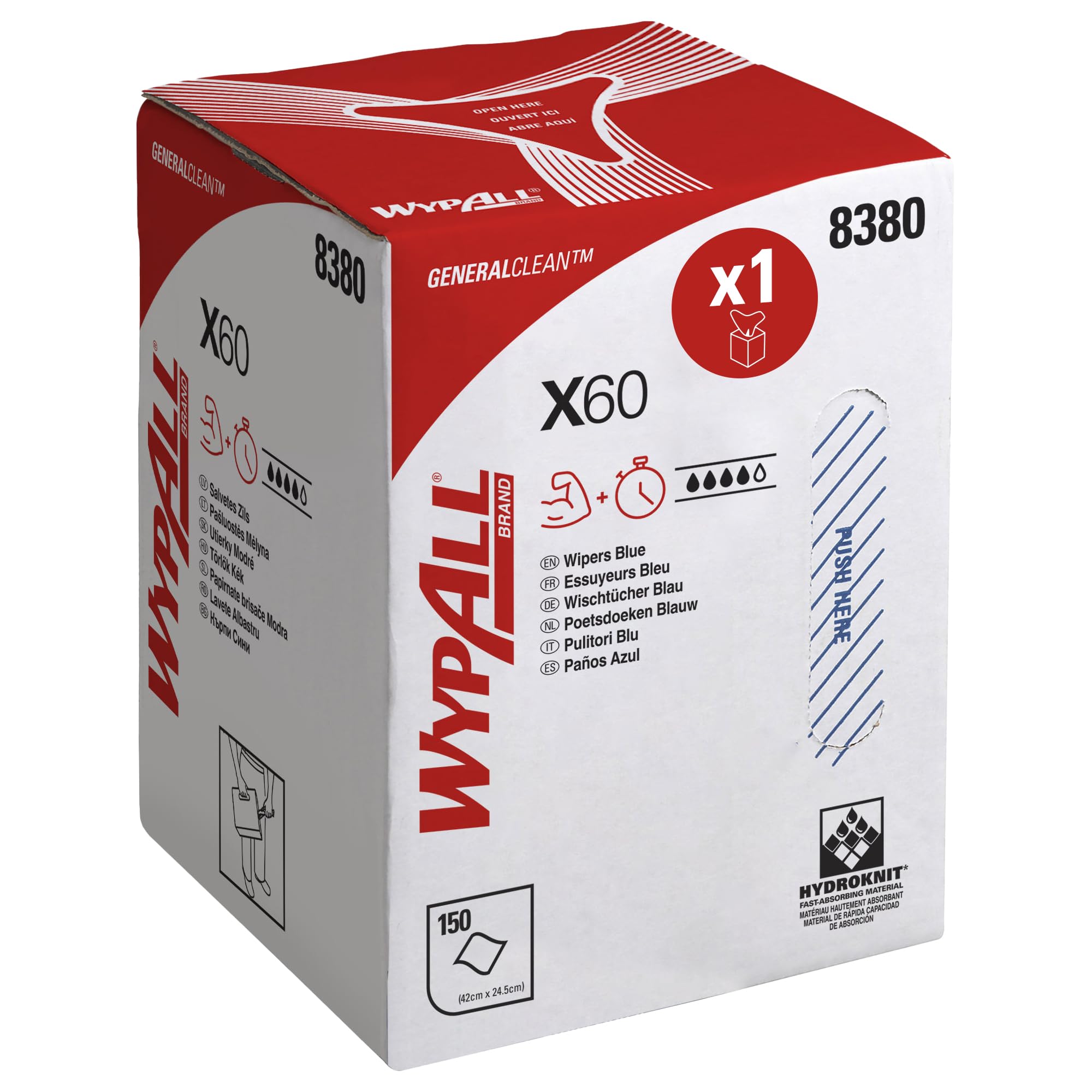 WypAll Cleaning Cloths 8380, X60 Blue Industrial Wipes, Hydroknit Reusable Technology, Centrefeed Roll for Multi-Surface Use, 1 Roll x 150 Blue Cloths (150 Total)