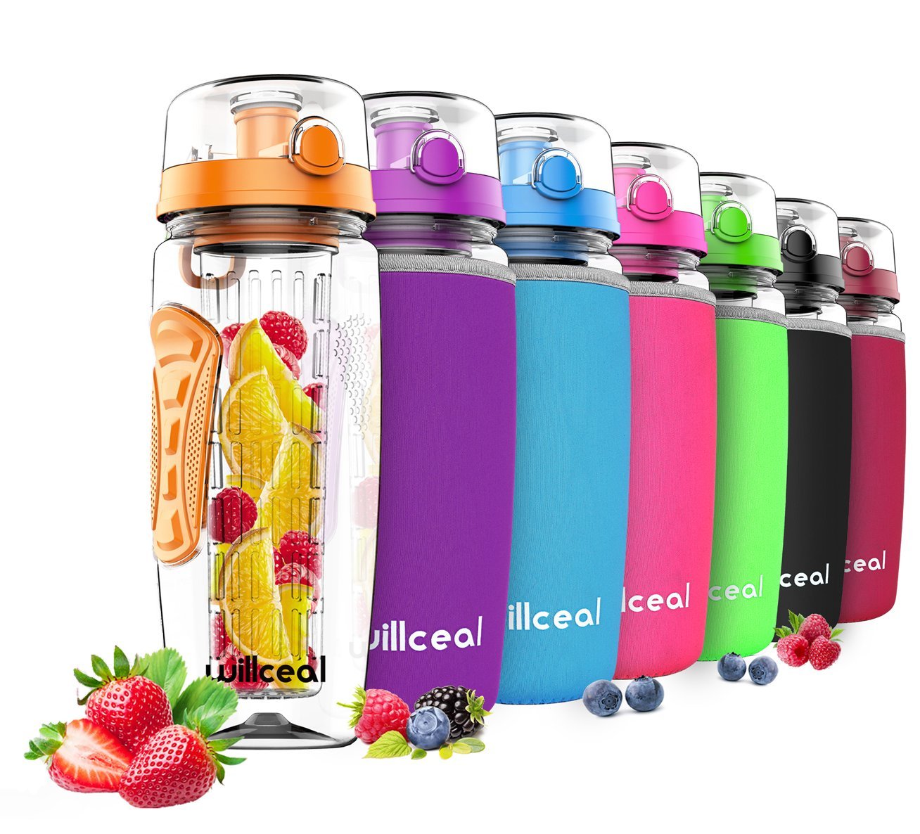 willceal Fruit Infuser Water Bottle 32oz Durable, Large - BPA Free Tritan,Flip Lid, Leak Proof Design - Sports, Camping (Orange)