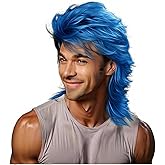 Sabosi Mullet Wig Blue 80s Men Wig,Punk Rocker Hair Party Daily Halloween Costumes Long Wigs