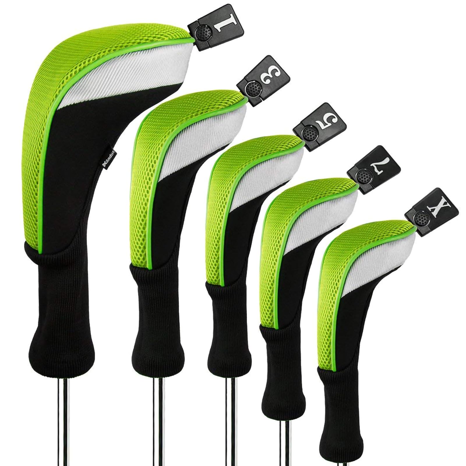 Andux 5pcs/Set Golf 460cc Driver Fairway Wood Club Head Covers Long Neck Black/Green
