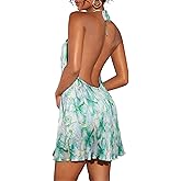 SHENHE Women's Halter Mini Dress Sexy Low Back Tropical Floral Summer Vacation Dresses Boho