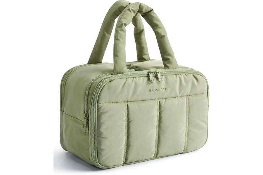 BAGSMART Travel Toiletry Bag, Puffy Large Toiletry Bag for Women, Lightweight Cosmetic Makeup Bag Organizer with Handle for Traveling, Accessories, Essentials, Toiletries (Green)