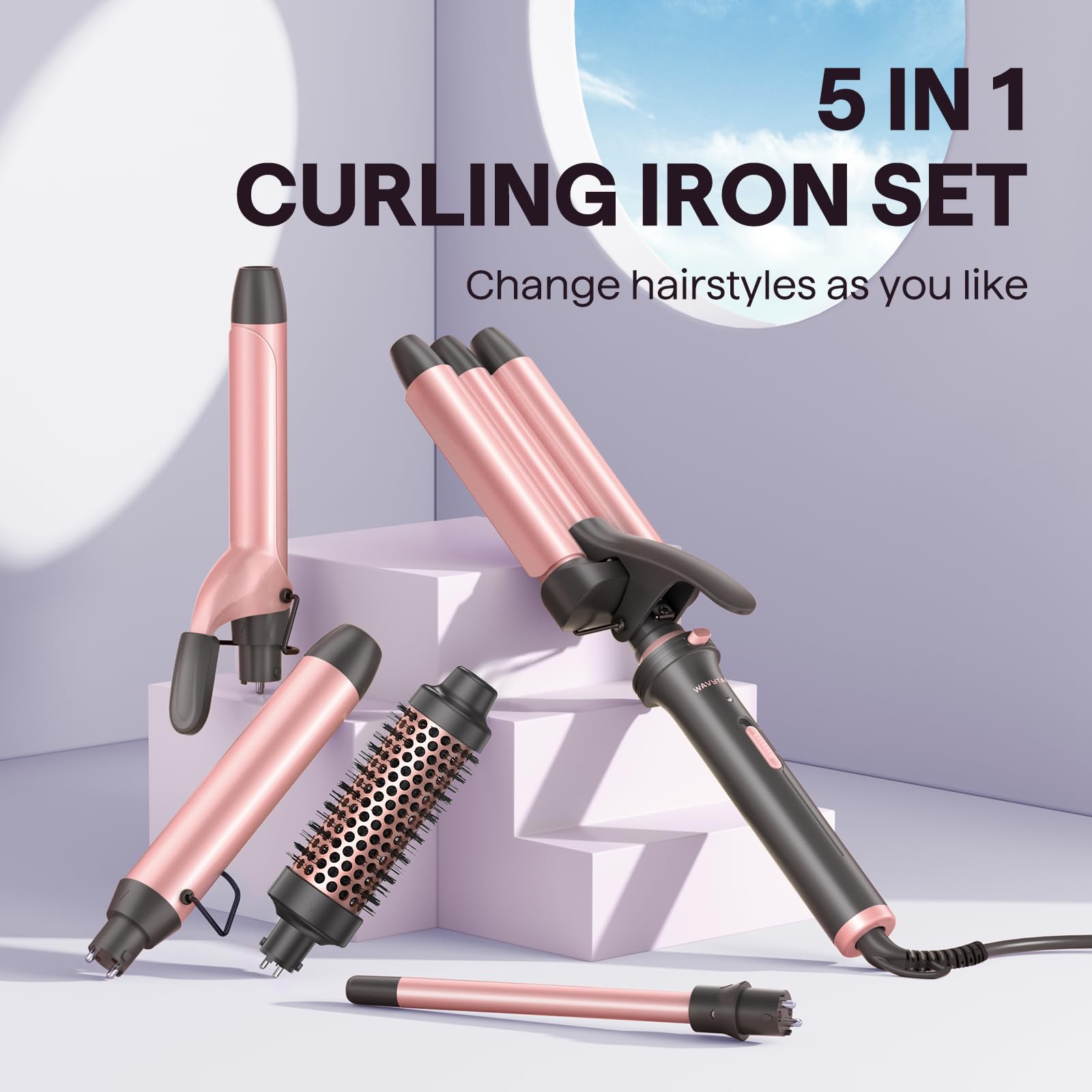 Wavytalk 5 in 1 Curling Wand Set, Dual Voltage Curling Iron Set with 5 Interchangeable Barrels Included A Thermal Brush, A Hair Crimper and 3 Ceramic Curling Wands(0.5