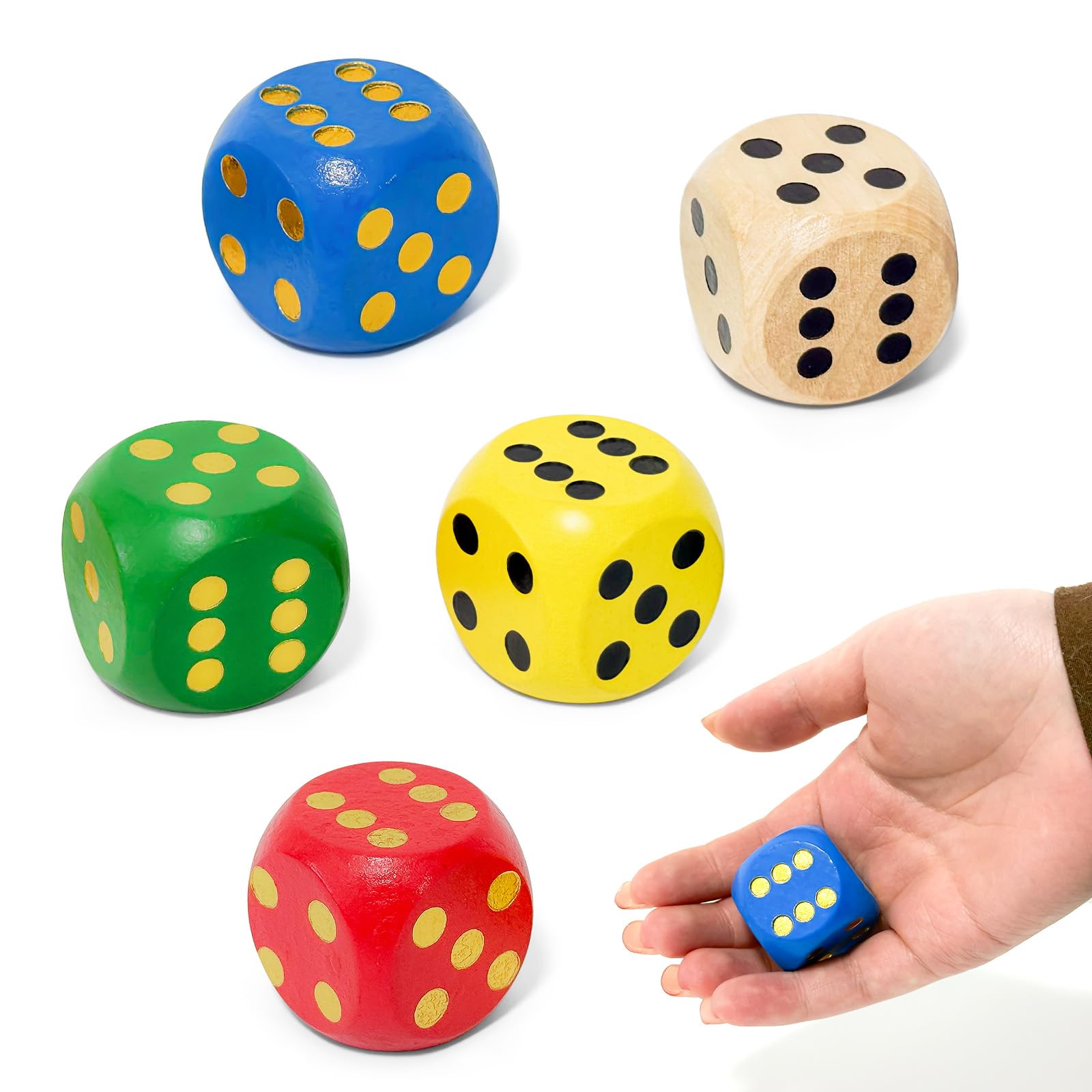 5 Pcs Large Wooden Dice 30mm,5 Colors Wooden Six Sided Dice Standard 6 Sided Dices,Round Edge Colorful Dice Set for Board Game Classroom Instruction Party Activities