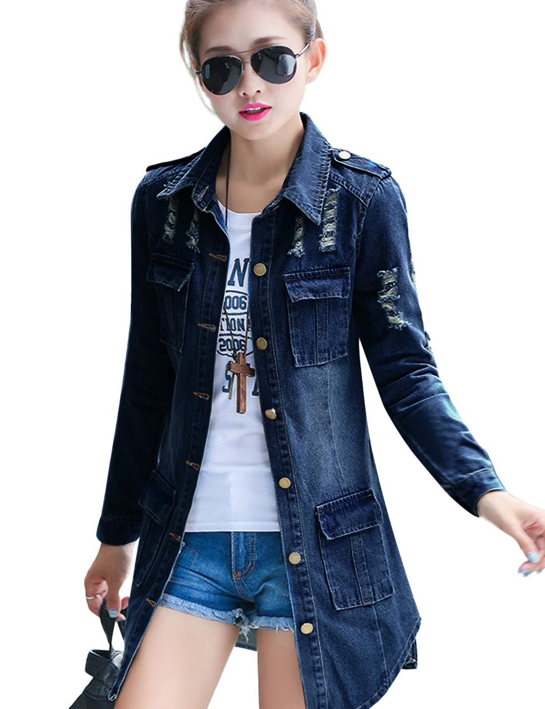 Women's Casual Distressed Denim Jacket Long Sleeve Ripped Jean Jacket Coat