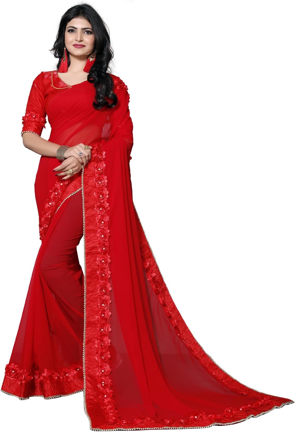Women's Georgette Ribbin Gotta Patti Embroidered Saree With Blouse Piece (Gotta_Patti-Free Size)