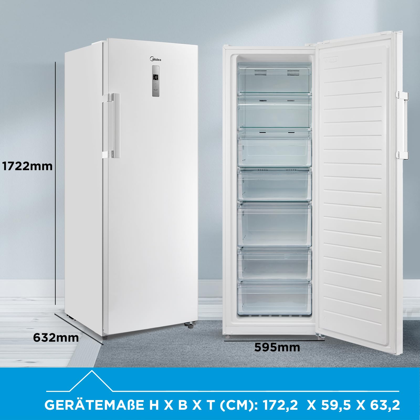 Midea MDRU333FZE01 Gefrierschrank/Kühlschrank/172,2 cm hoch/NoFrost/Flexible Kühl- und Gefrierfunktion/Superkühl/238L/Große Fächer/Zero Clearance/Easy Open Handgriff/Wechselbarer Türanschlag/Weiß 2