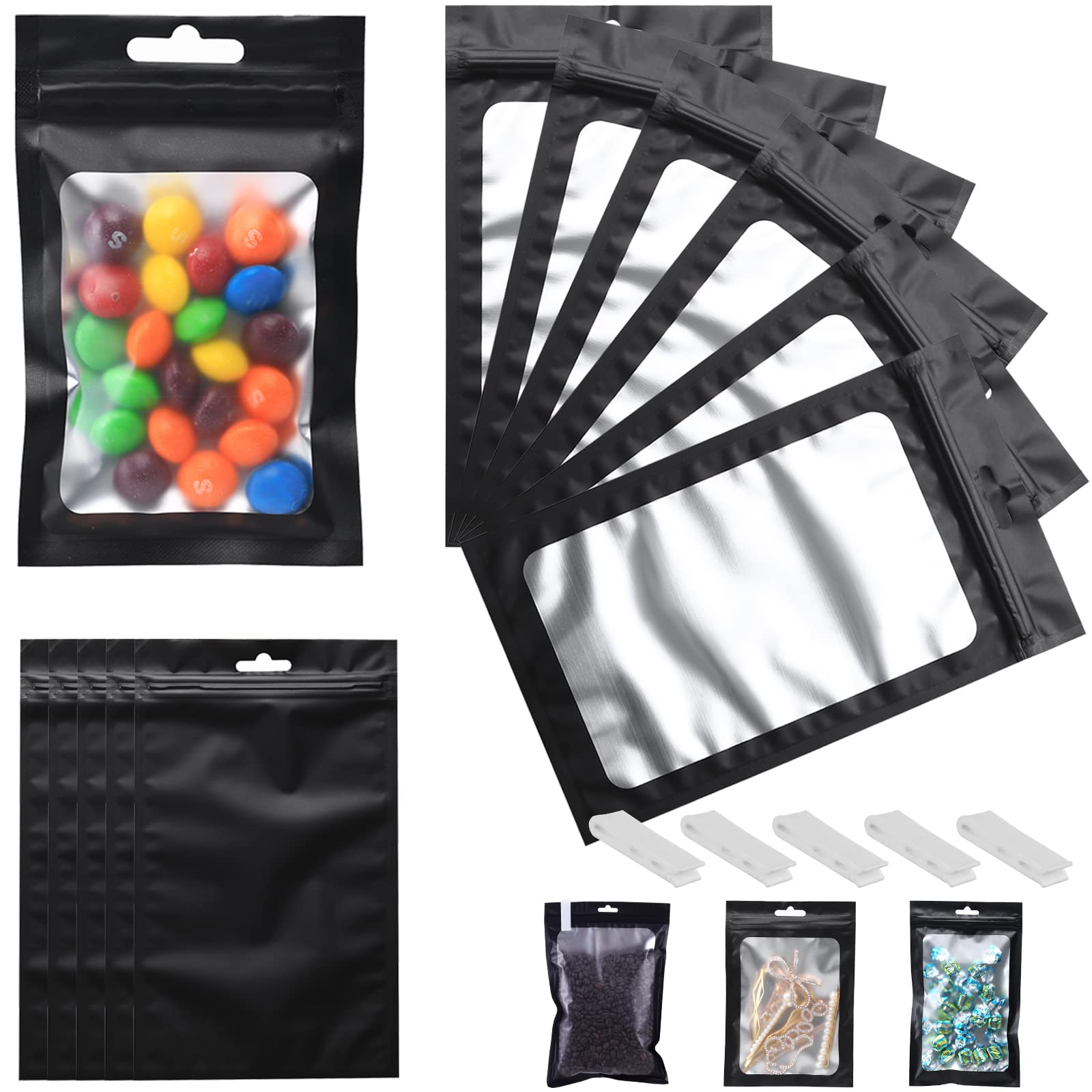 Photo 1 of 200 PCS 5x8 Mylar Bags with Window Zipper Packaging Smell Proof Mylar Bags for Food Storage, Resealable Packaging Bag for Candy, Cookies and Small Jewelry, Matte Black