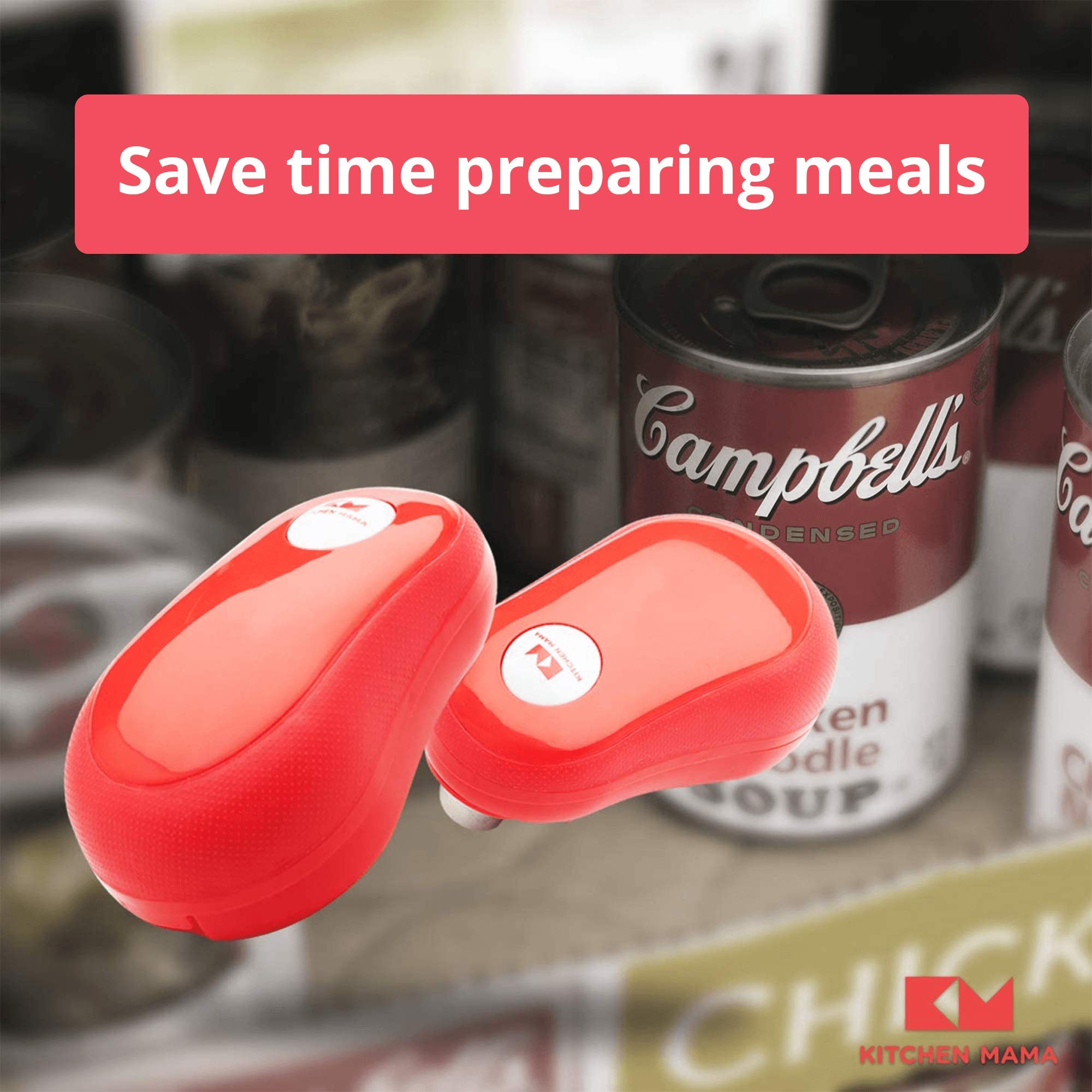Kitchen Mama One Touch Can Opener: Open Cans with Simple Press of A Button - Auto Stop As Task Completes, Ergonomic, Smooth Edge, Food-Safe, Battery Operated, Electric Can Opener (Red)