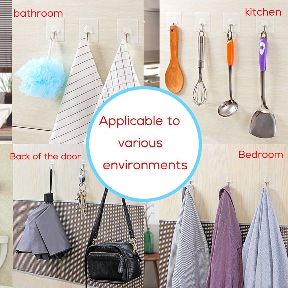 Rocita 12Pcs Adhesive Wall Hooks Nail Free Sticky Hooks Transparent Heavy Duty No Scratch & Oilproof Stainless Steel Hooks for Kitchen Bathroom Wall