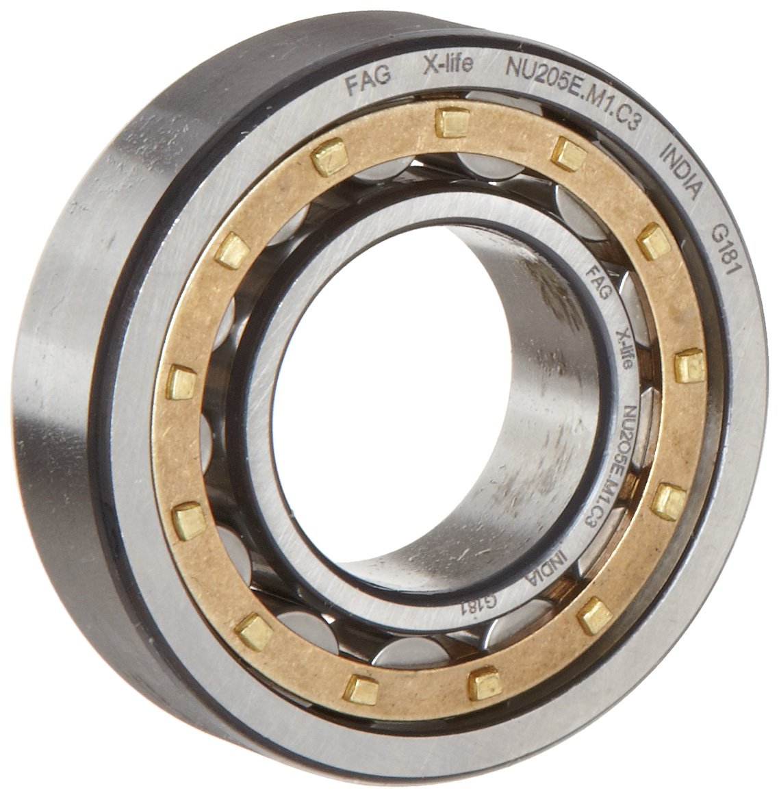 FAG NU307E-M1-C3 Cylindrical Roller Bearing, Single Row, Straight Bore, Removable Inner Ring, High Capacity, Brass Cage, C3 Clearance, 35mm ID, 80mm OD, 21mm Width