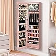 Byroce Wall Mounted Mirror Jewelry Cabinet, LED Door Mounted Storage Jewelry Organizer with 47.5”H Full Length Mirror, Bracelet Rod & 2 Drawers, Lockable Jewelry Armoire Organizer for Bedroom (Pink)