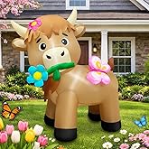 5FT Spring Inflatable Highland Cow with Flowers and Butterflies, Built-in LED Lighted Blow Up Yard Decor, Easter Inflatables Outdoor Decorations for Garden Lawn Party and Holiday Display